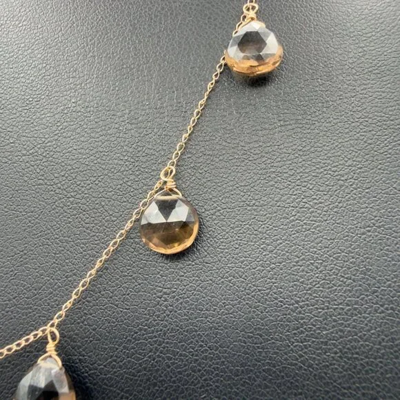 14K Yellow Gold Faceted Smoky Quartz Necklace Pear Shaped Drops Dangle - Picture 8 of 10